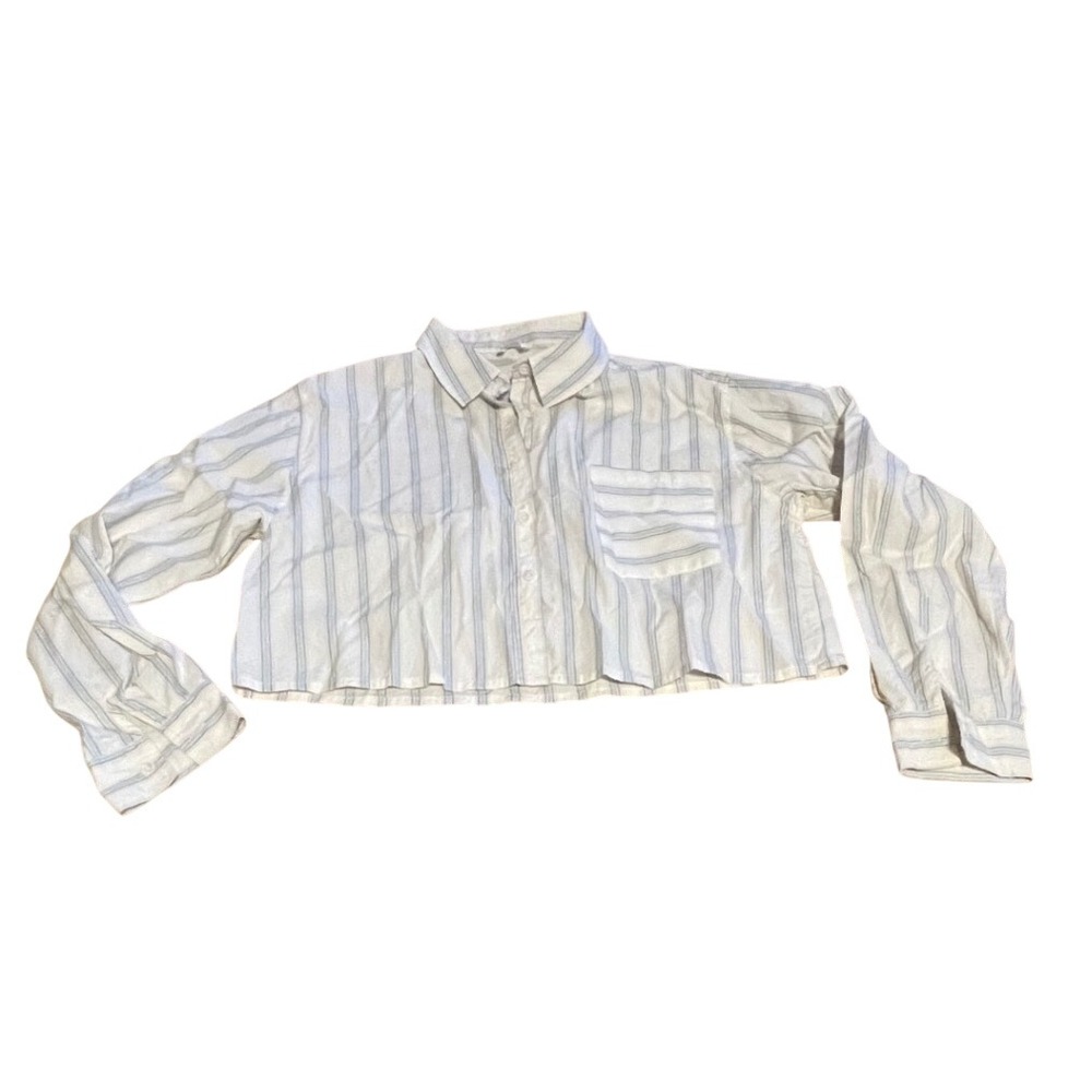 Cotton On Women XS Striped Cropped Button Down Shirt Long‎ Sleeve Blue White I09
